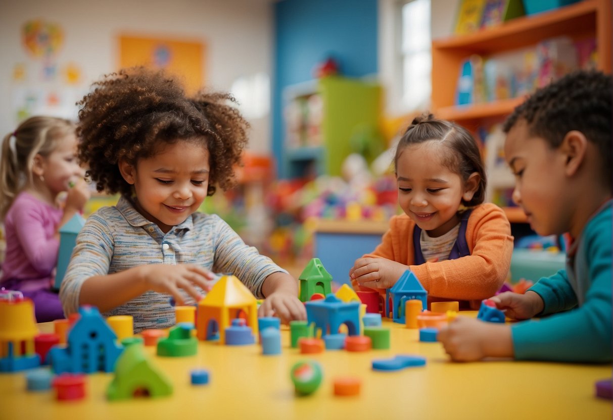 Children playing with toys, reading books, and engaging in group activities in a colorful and cheerful preschool classroom