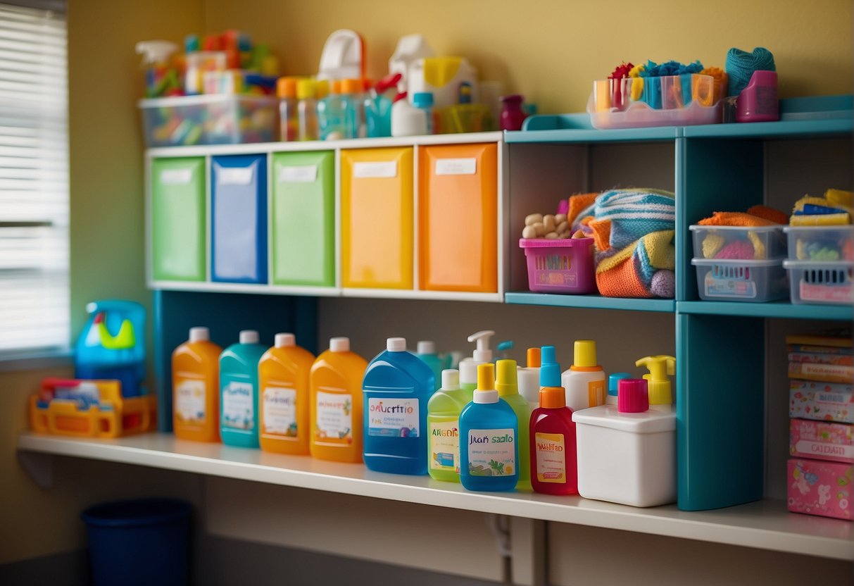 A colorful preschool classroom with clean, organized shelves, handwashing station, and labeled hygiene supplies