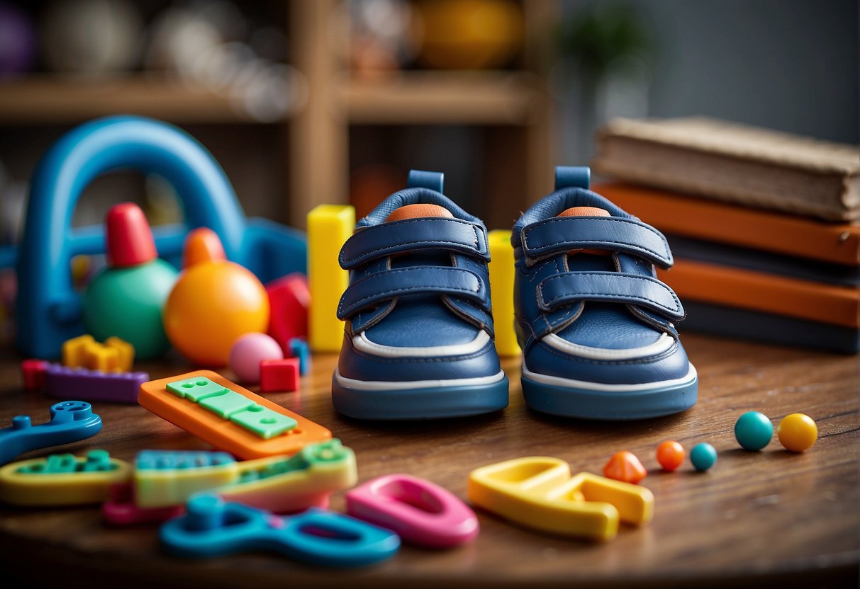 A pair of size 5 toddler shoes placed next to a ruler, surrounded by colorful toys and a small chair