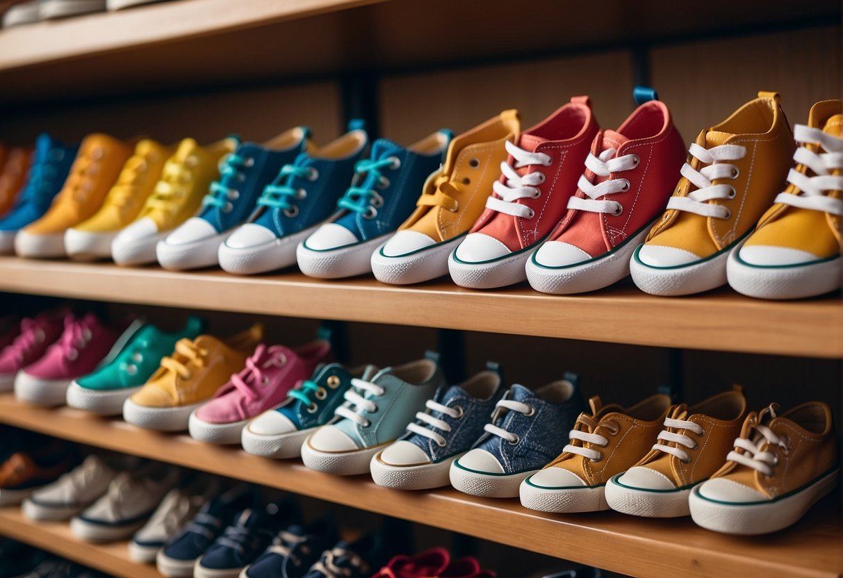 A row of colorful toddler shoes, labeled with size 5, displayed on a shelf with age range information