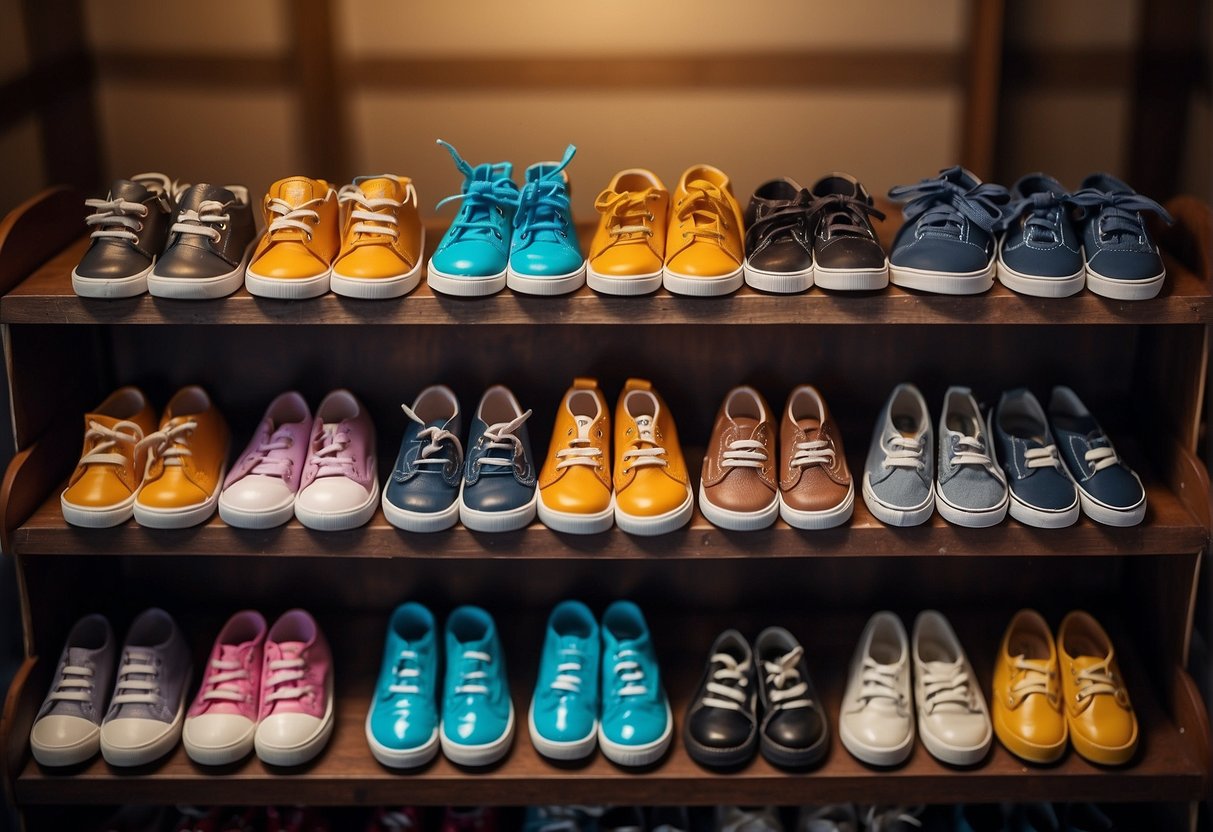 A variety of toddler shoes in different sizes displayed on a shelf, with a size 5 shoe highlighted. A growth chart and age range displayed nearby