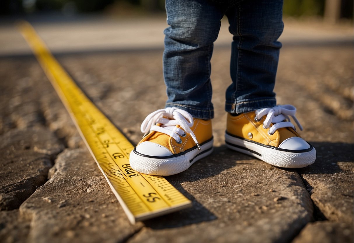 A ruler measures a toddler's foot. Size 5 shoes sit nearby