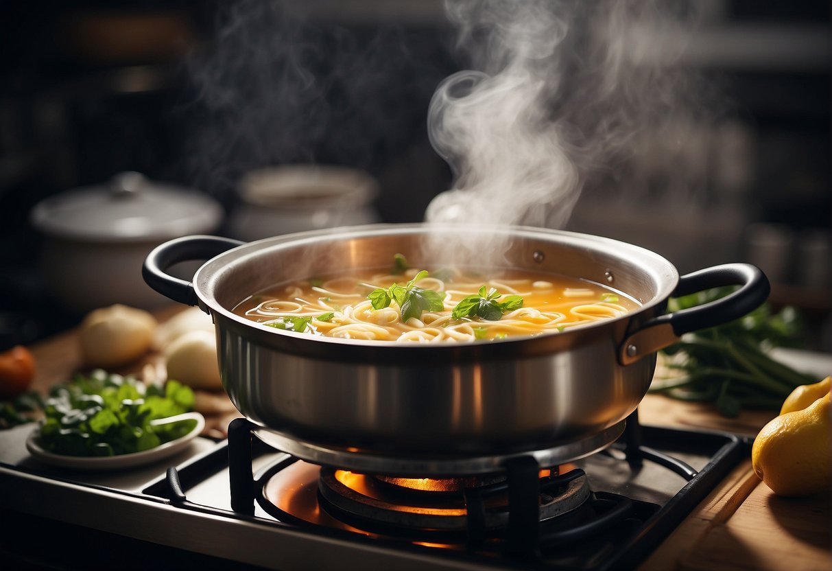 A steaming pot of Chinese soup simmers on a stove, filled with nourishing ingredients like ginger, herbs, and vegetables, ready to bring comfort to cancer patients