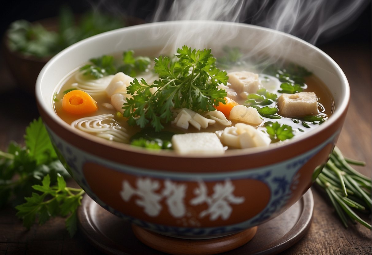 A steaming bowl of Chinese soup with herbs and ingredients for cough relief