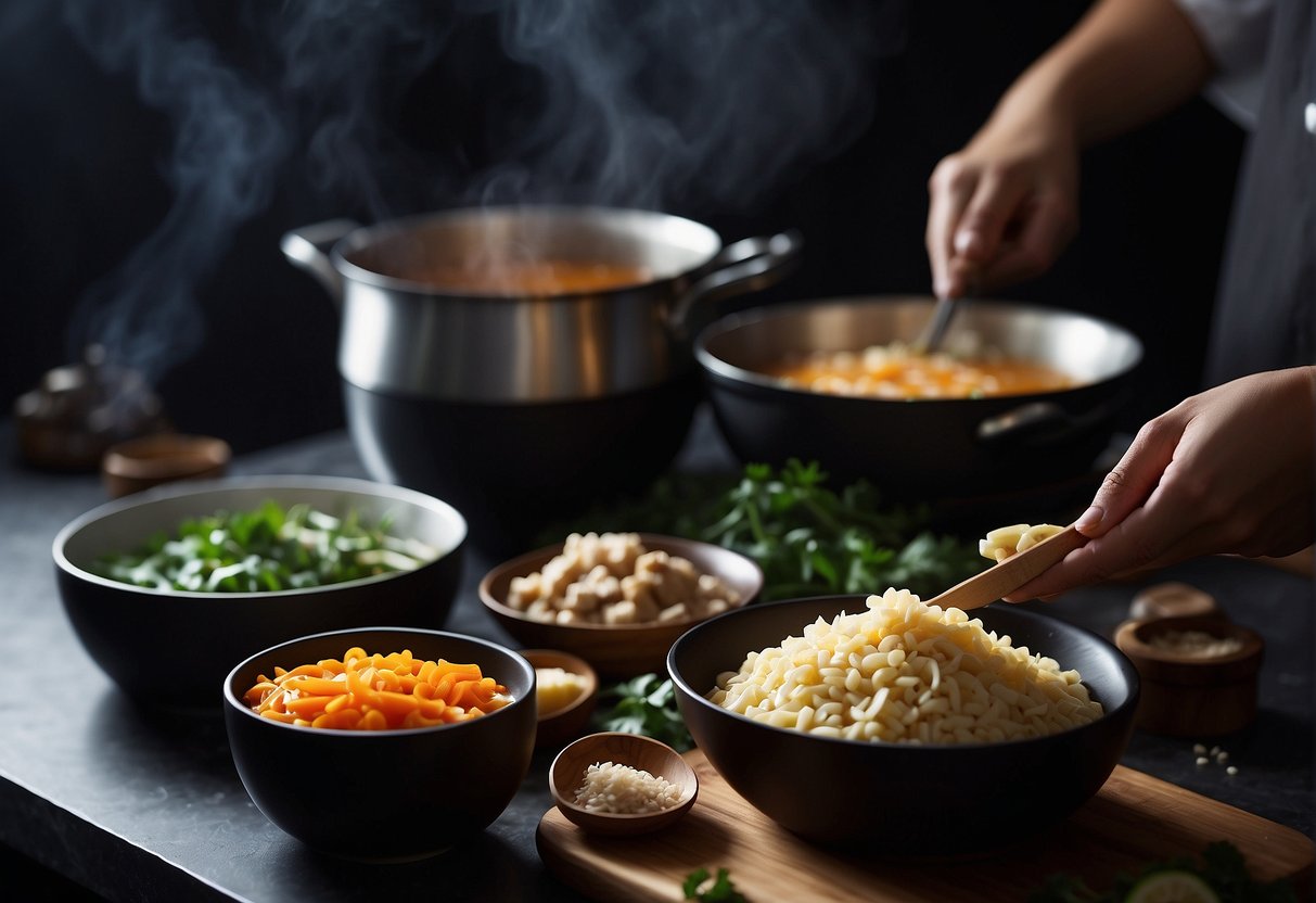 Various cooking techniques: chopping, simmering, and seasoning. Kitchen tips for Chinese soup recipes tailored for cancer patients