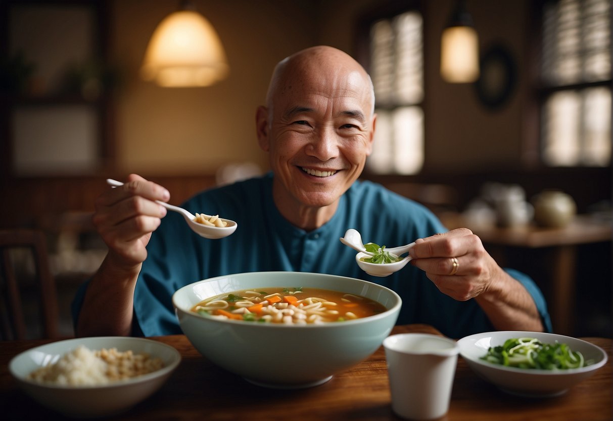 A cancer patient enjoying a warm bowl of Chinese soup, filled with nutritious ingredients to address dietary concerns