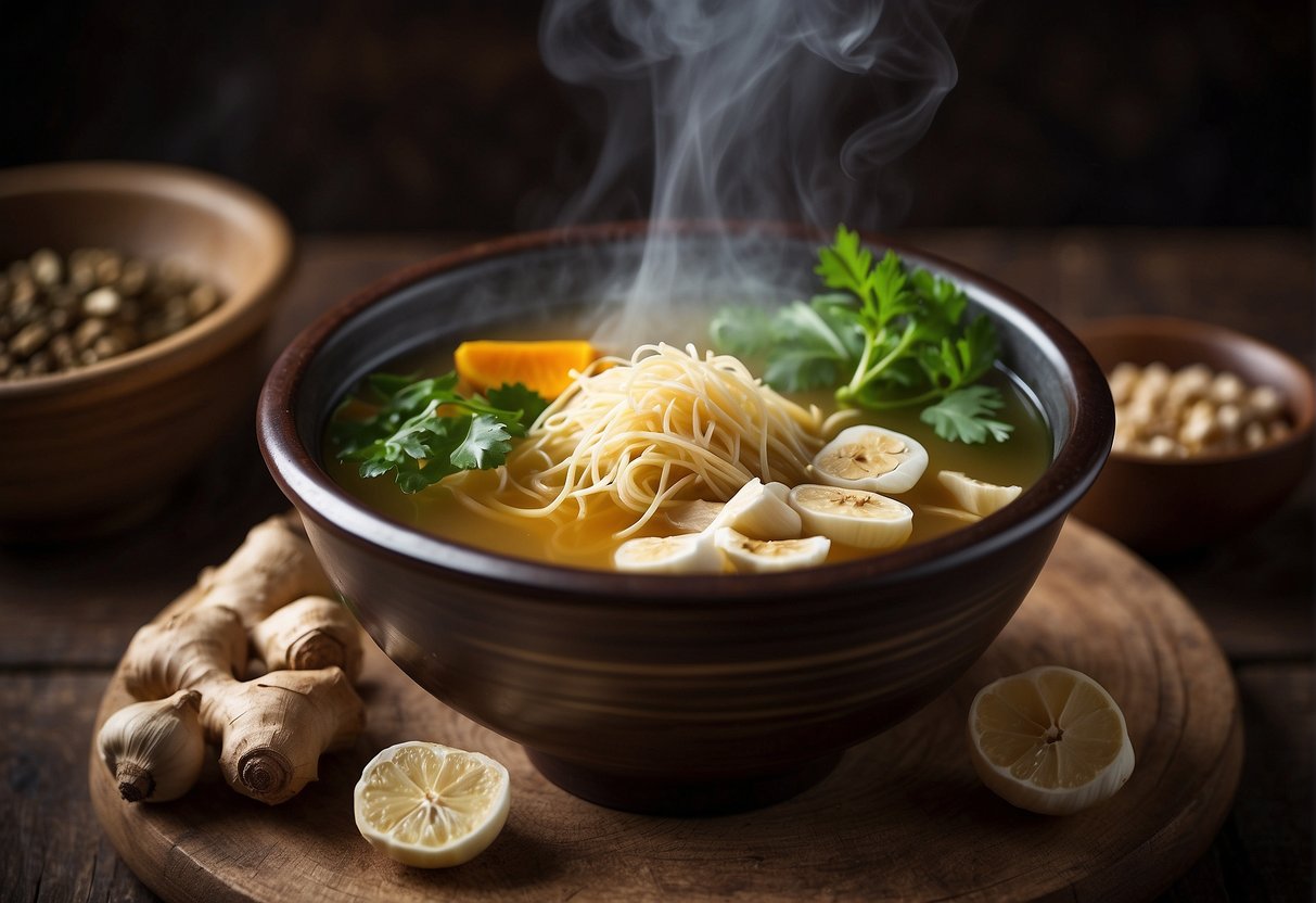 A steaming bowl of Chinese cough-relieving soup, filled with ginger, garlic, and medicinal herbs, sits on a rustic wooden table. Steam rises from the bowl, carrying the fragrant aroma of healing ingredients