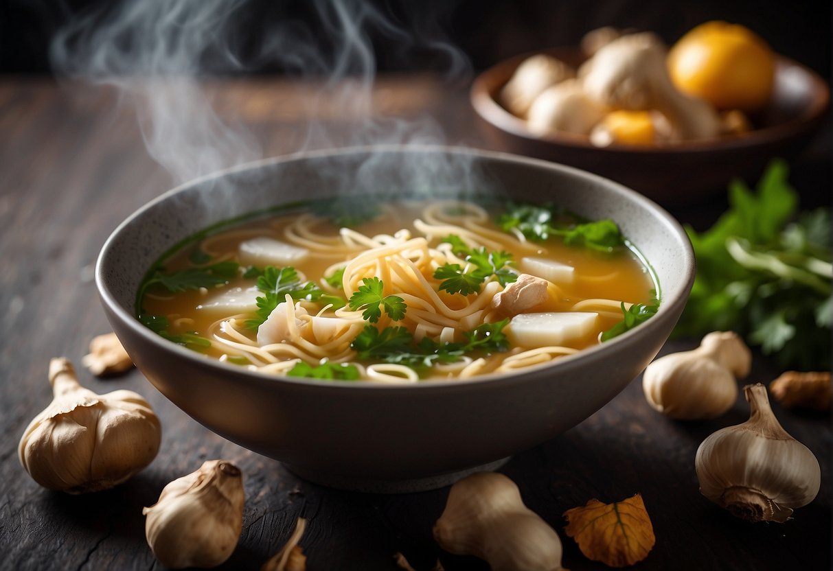 A steaming bowl of Chinese soup surrounded by fresh ginger, garlic, and herbs, with a background of falling autumn leaves