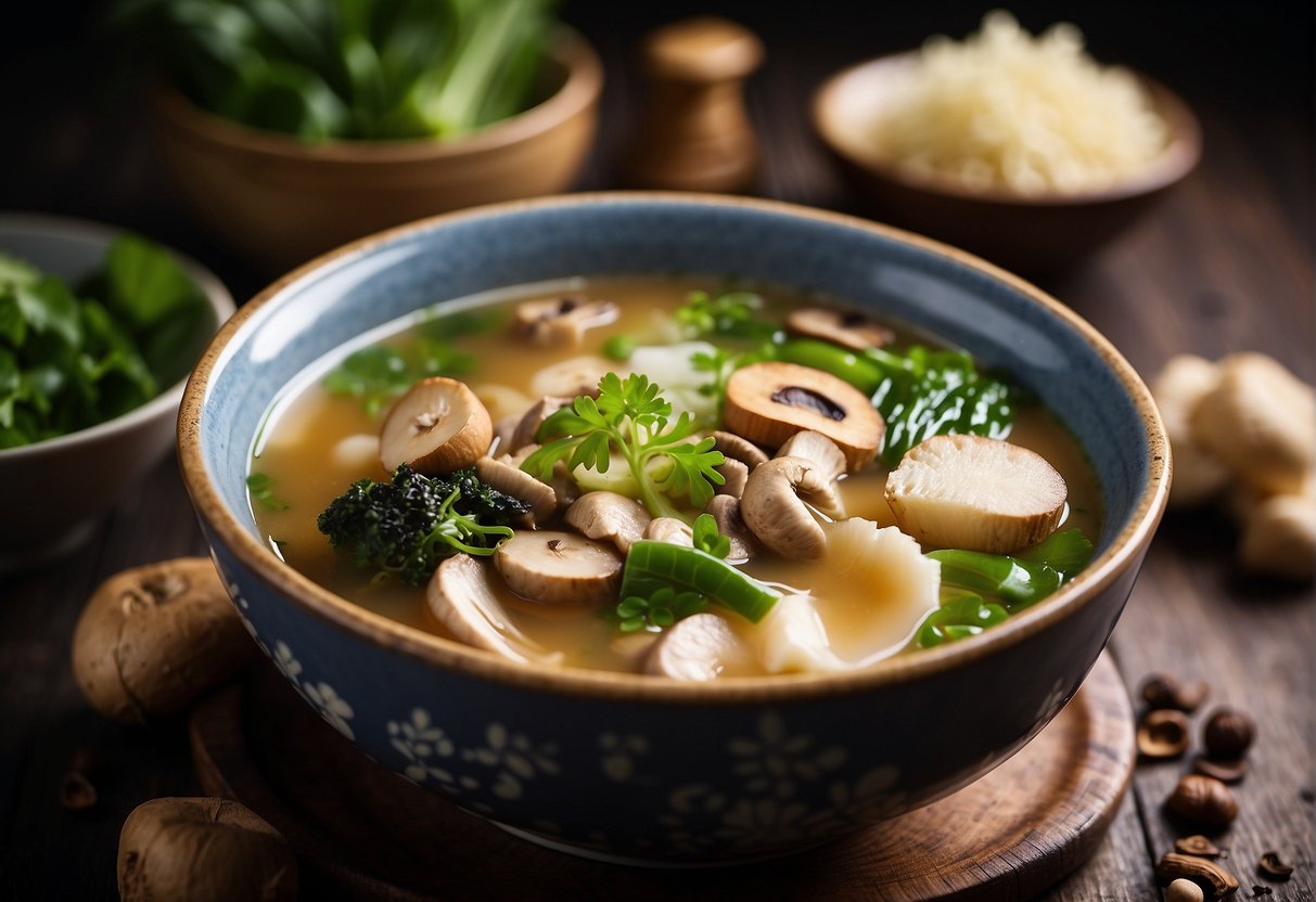 A steaming bowl of Chinese soup surrounded by ingredients like ginger, mushrooms, and green vegetables, with a comforting and soothing atmosphere