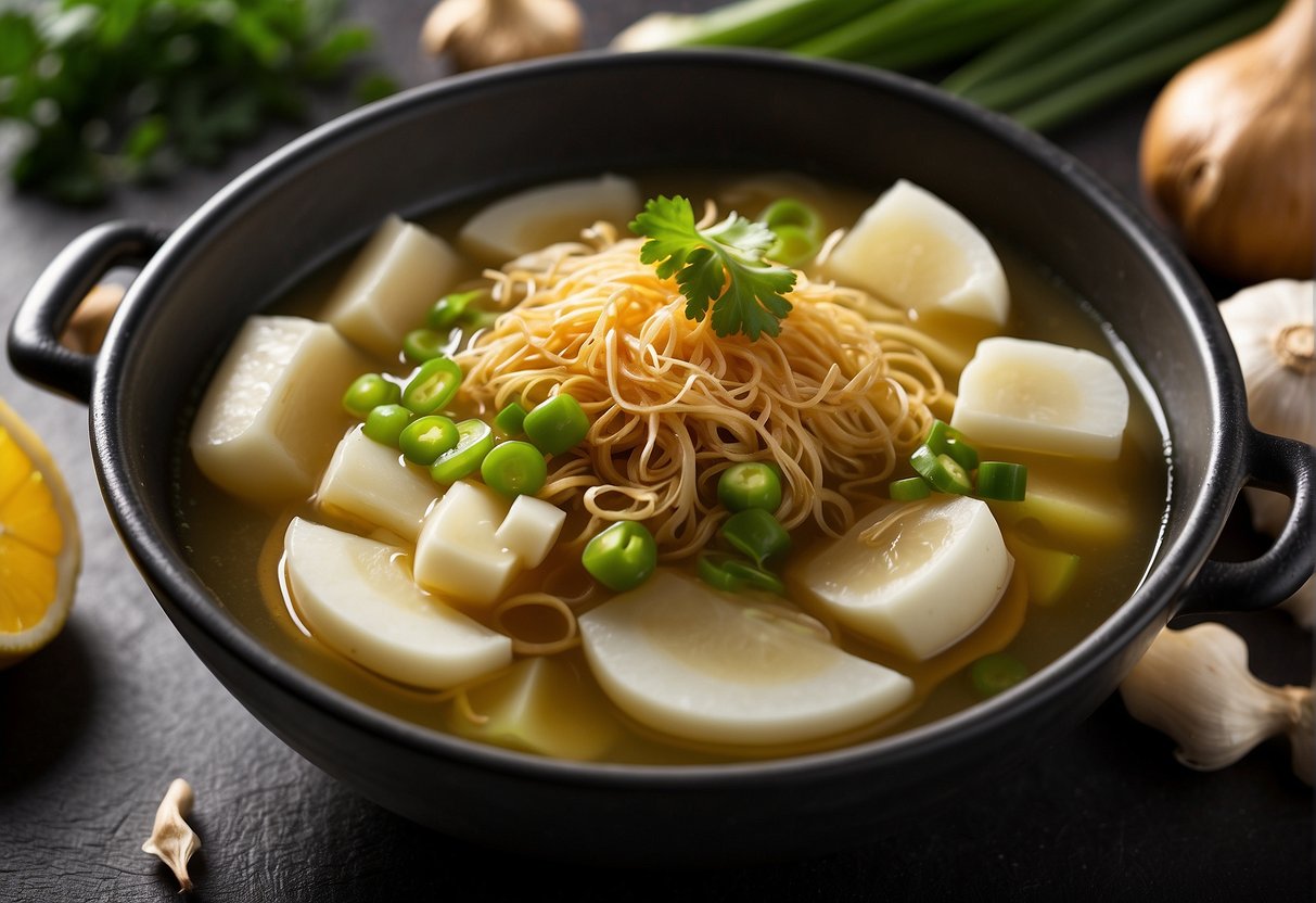Sliced ginger, garlic, and scallions simmer in a pot of broth. A dash of white pepper and a spoonful of honey are added for soothing flavor