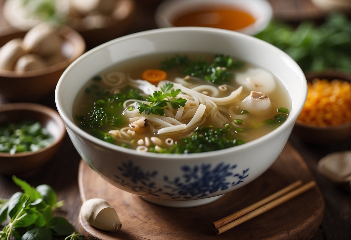 A steaming bowl of Chinese soup with herbs and ingredients known for cough relief, surrounded by traditional Chinese medicine ingredients and a soothing atmosphere