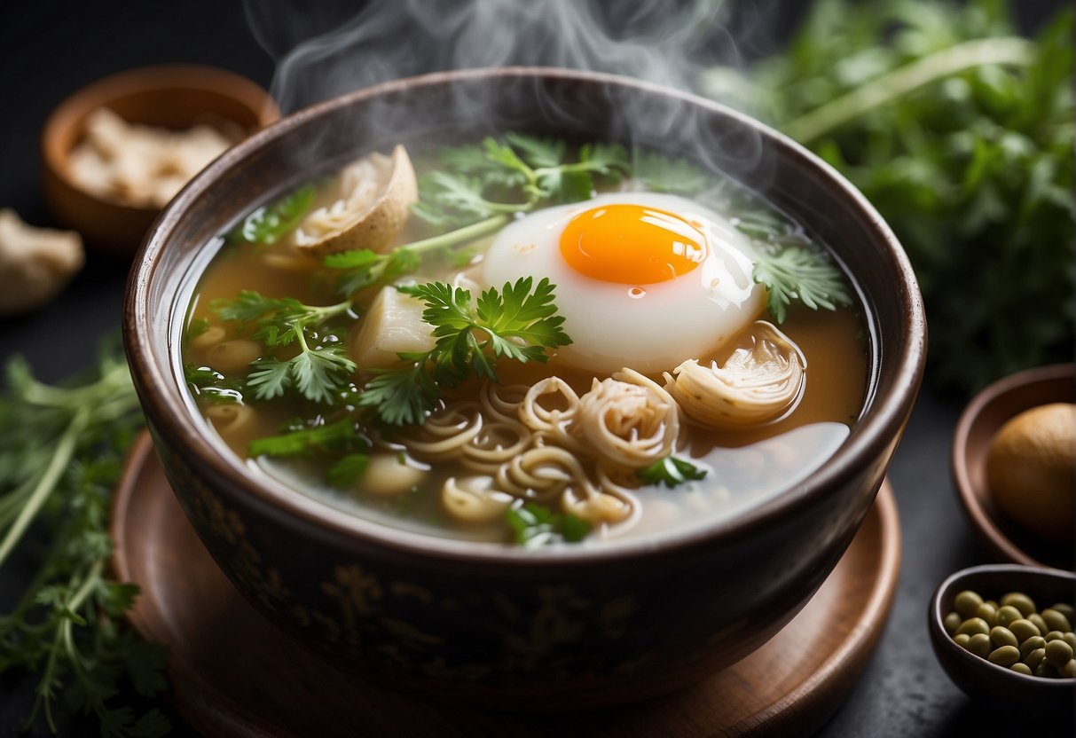 A steaming bowl of Chinese soup with herbs and ingredients commonly used to soothe coughs