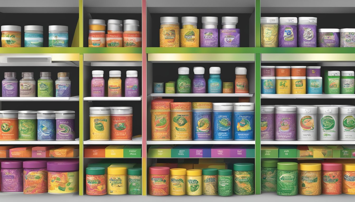 A variety of Snake Brand powders displayed on a shelf with colorful packaging and different scents