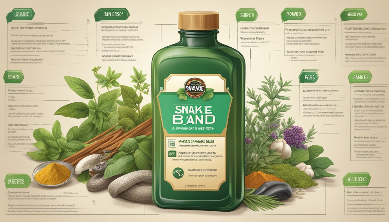 A snake brand powder bottle surrounded by various herbs and spices, with a label listing its benefits and uses