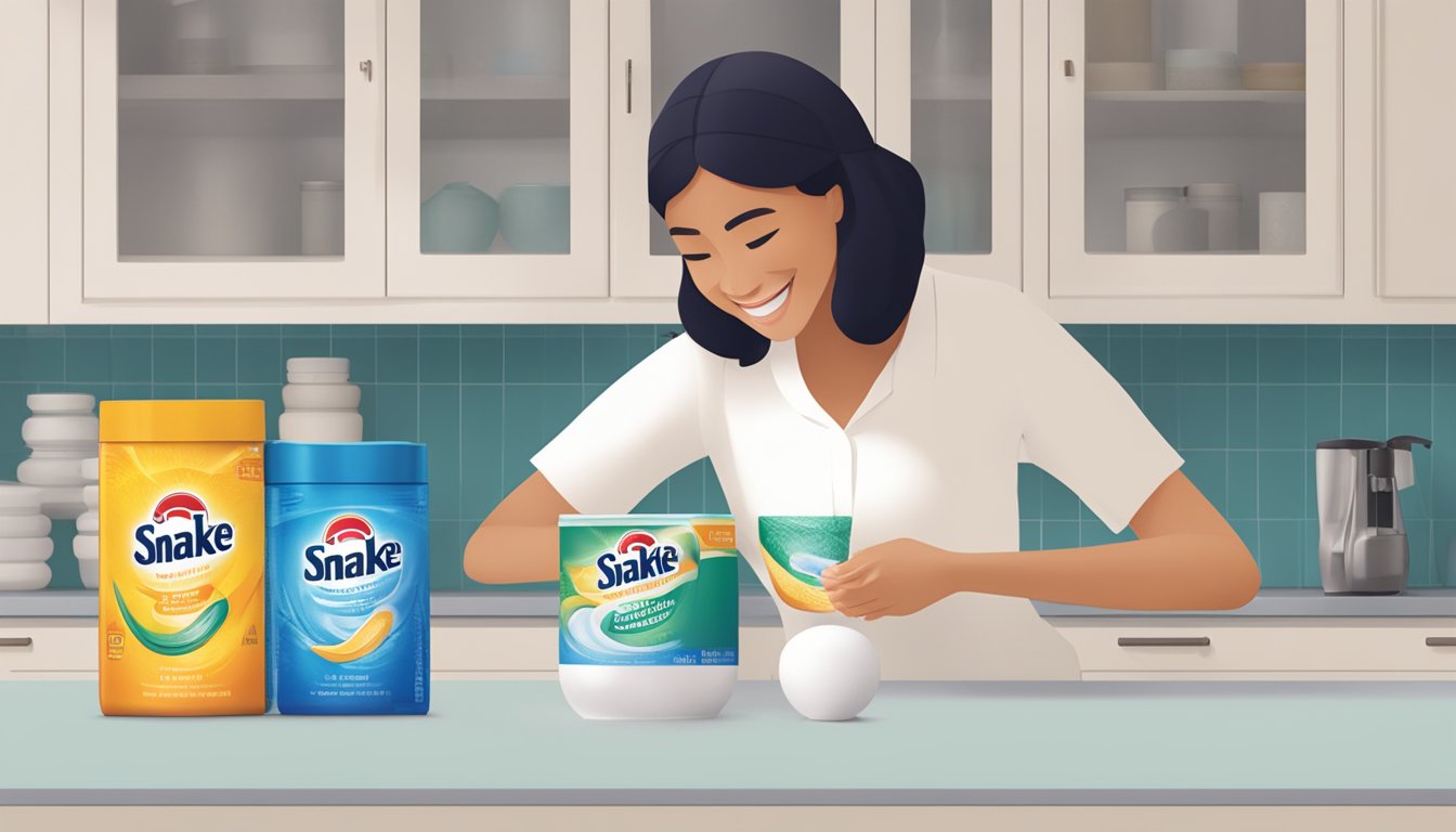 A smiling customer opens a package of Snake Brand powder, feeling the cooling sensation as they apply it. The product sits on a clean, modern counter