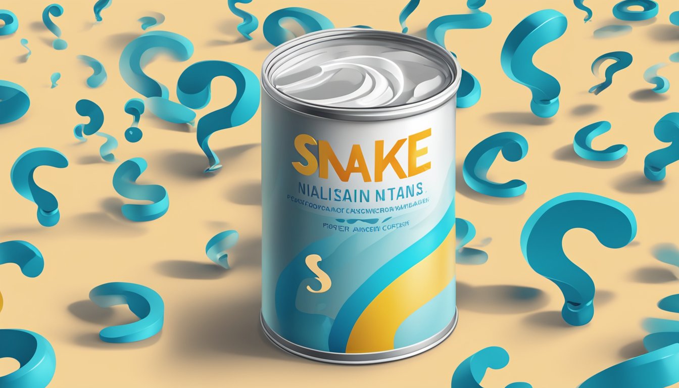 A can of snake brand powder surrounded by floating question marks