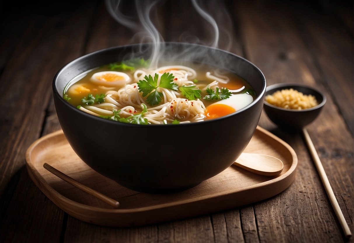 A steaming bowl of Chinese soup surrounded by chopsticks and a spoon on a rustic wooden table