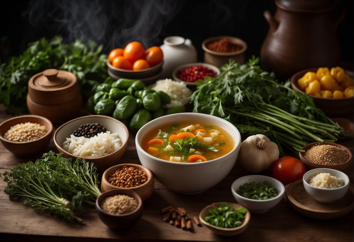 A table filled with fresh vegetables, herbs, and spices, alongside a pot of simmering broth, ready to be transformed into delicious Chinese soups