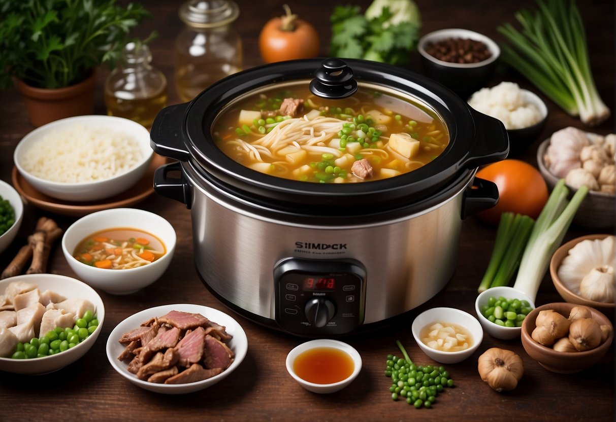 A slow cooker surrounded by traditional Chinese soup ingredients, such as ginger, green onions, and various cuts of meat, simmering in a fragrant broth