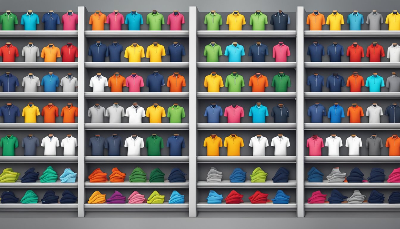 A colorful display of polo shirt brands arranged on shelves in a retail store