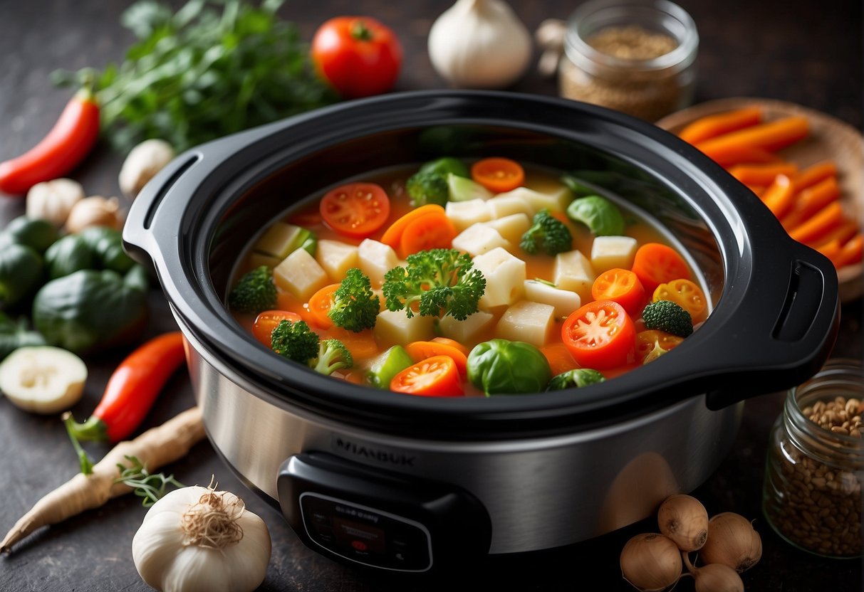 Fresh vegetables and aromatic spices arranged around a slow cooker, with a recipe book open to "Chinese Soup Recipes" nearby