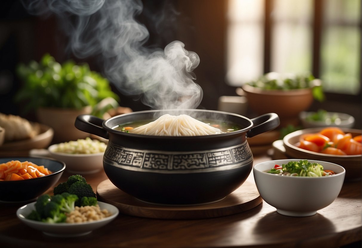 A steaming pot of Chinese soup surrounded by fresh ingredients and a dining table set for dinner