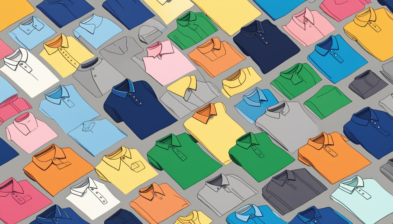 A table with various polo shirt styles from different brands spread out for comparison