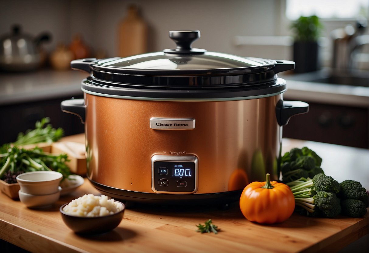 A slow cooker sits on a kitchen counter, filled with aromatic Chinese soup ingredients. Steam rises from the pot as it simmers gently