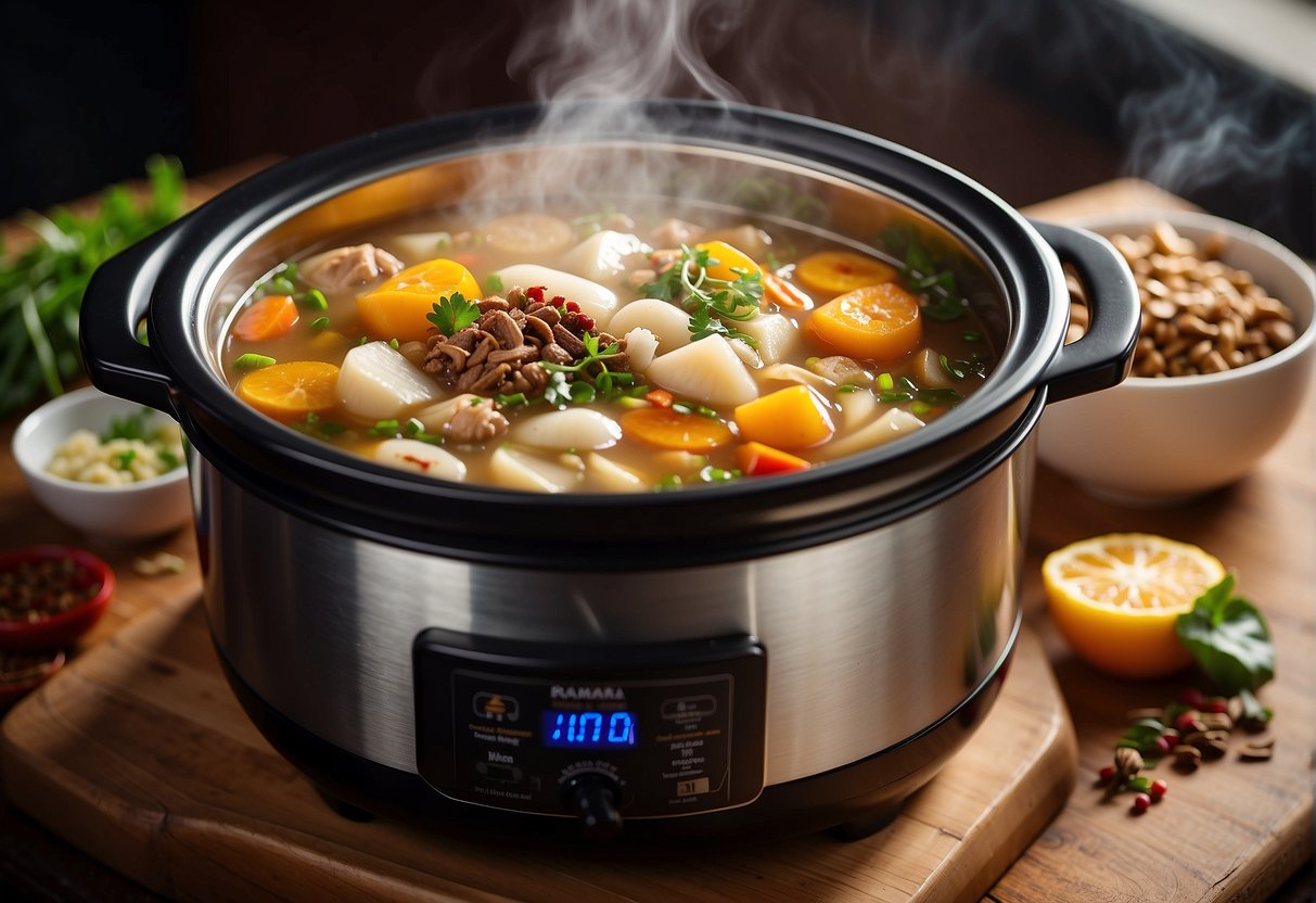 A steaming slow cooker filled with traditional Chinese soup recipes, surrounded by colorful ingredients and aromatic spices