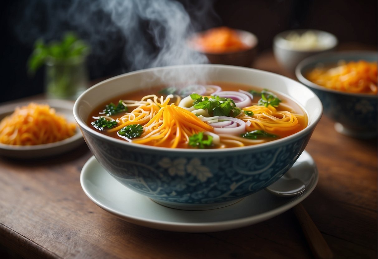 Steam rising from a vibrant bowl of Chinese soup, adorned with colorful garnishes and finished with delicate swirls of sauce