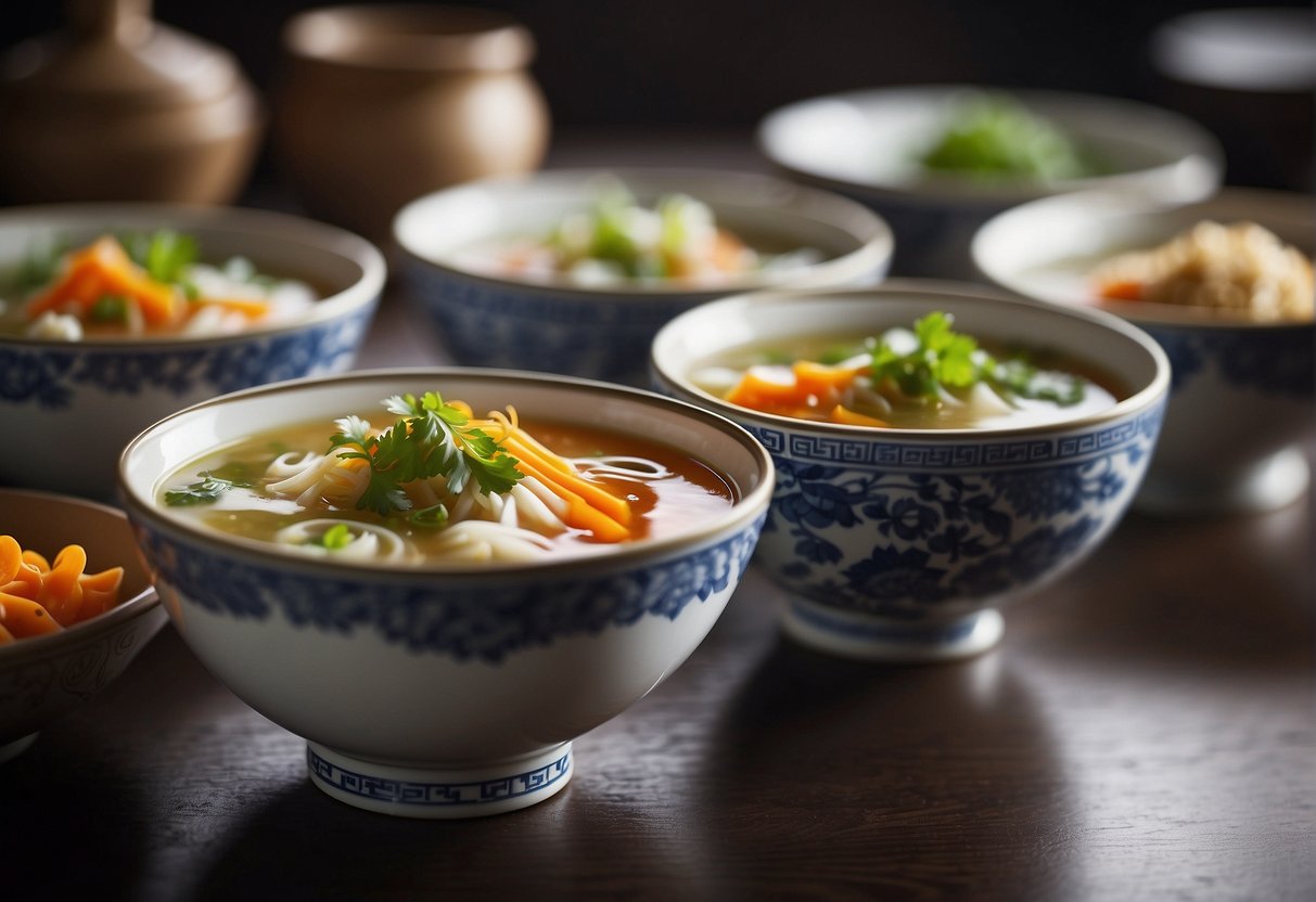 A table set with bowls of Chinese soup, each filled with a different regional variation. Steam rises from the fragrant dishes, creating an inviting scene for a dinner setting