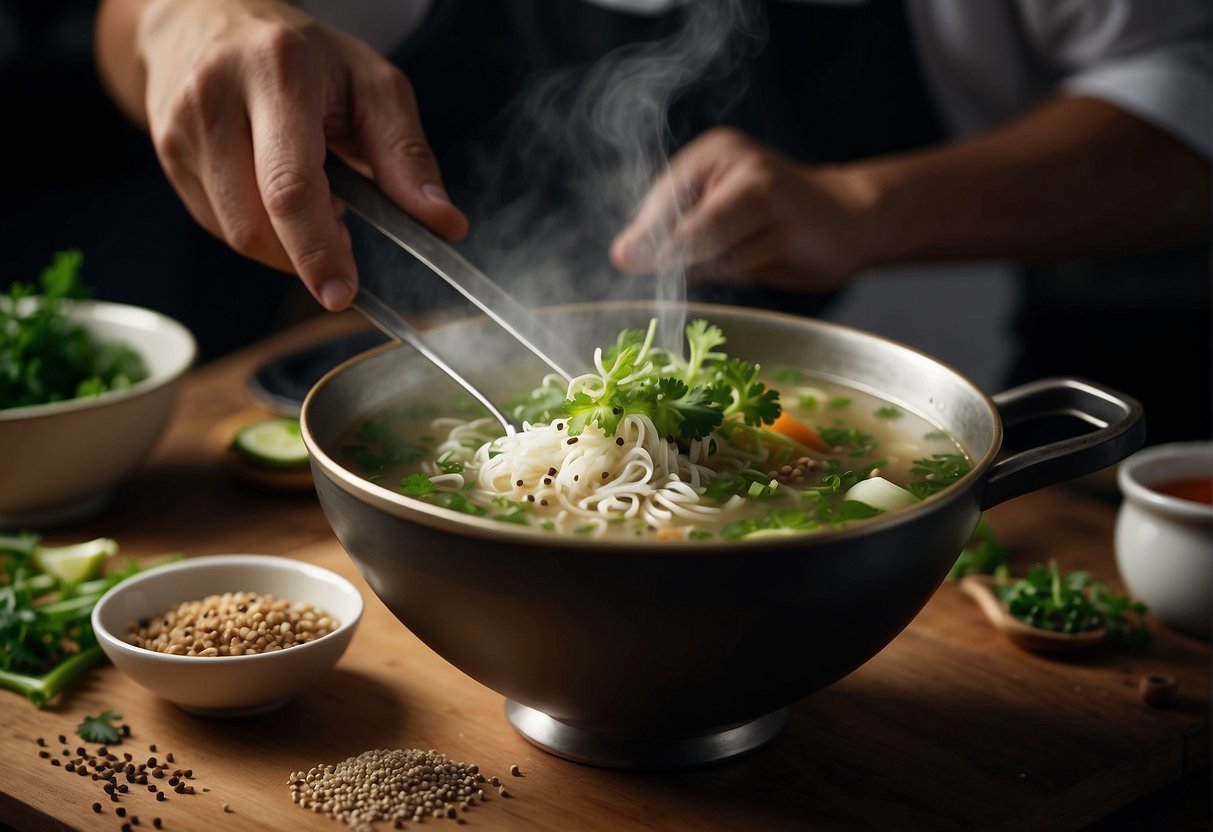 A chef adds garnishes to a steaming bowl of Chinese soup. A ladle hovers over the bowl, ready to serve. Green onions, cilantro, and a sprinkle of sesame seeds add the finishing touch