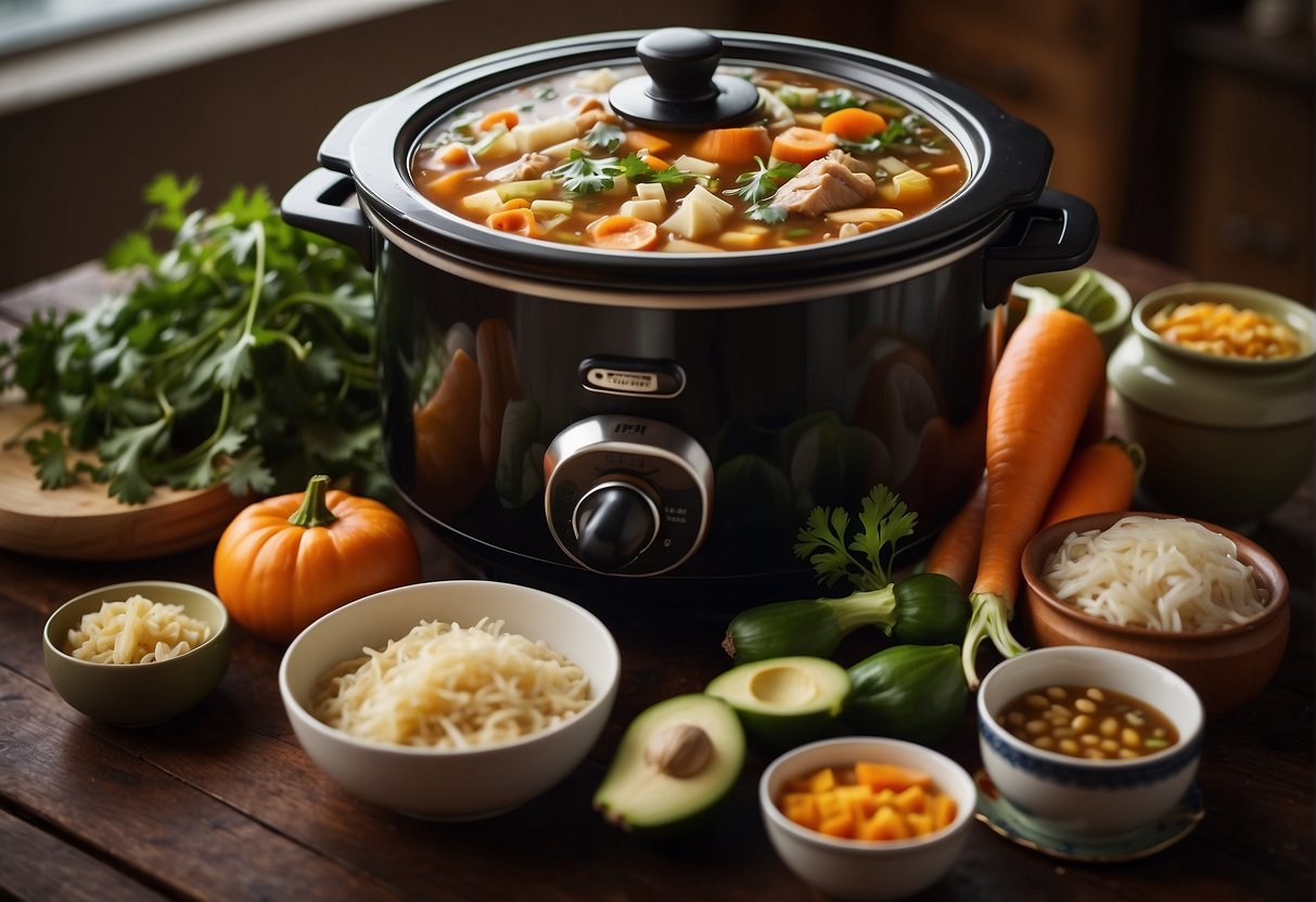 A slow cooker filled with Chinese soup, surrounded by various ingredients and leftovers stored in containers