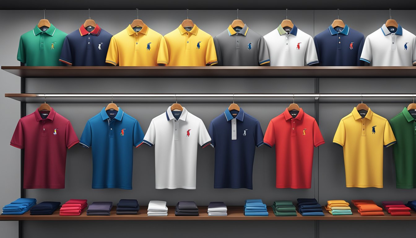 A display of leading polo shirt brands arranged on a clean, modern shelf with spotlights highlighting each logo