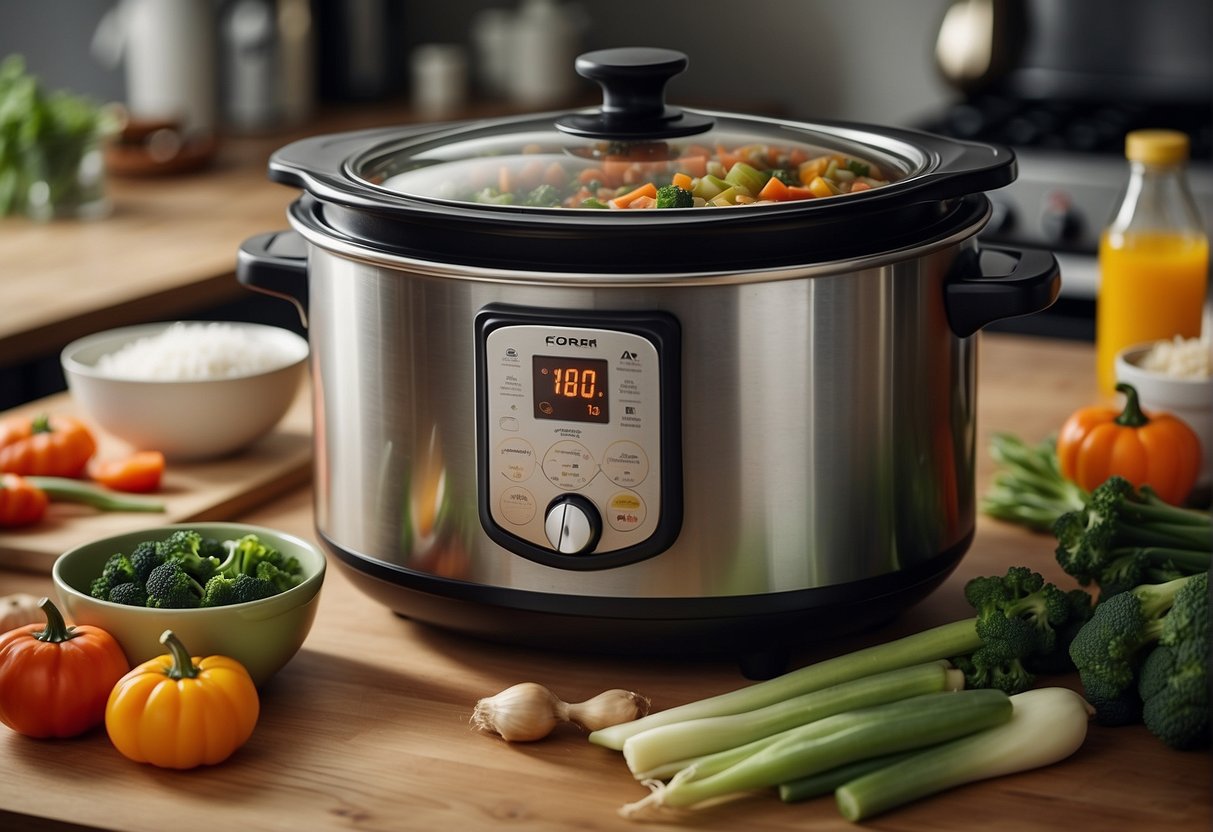 A steaming slow cooker filled with fragrant Chinese soup ingredients, including colorful vegetables and savory broth, sits on a kitchen counter