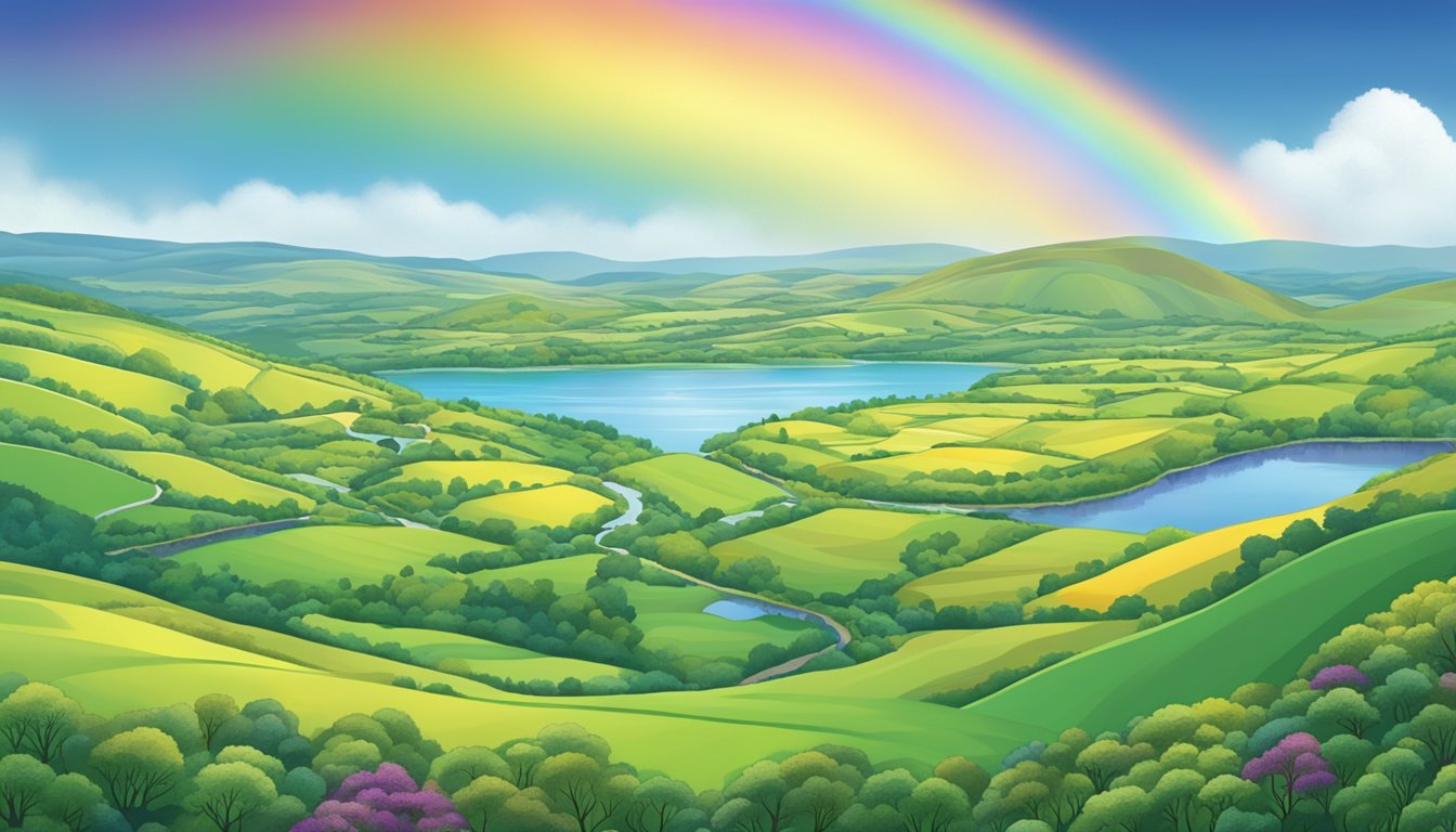 Rolling green hills dotted with ancient ruins, surrounded by shimmering lakes and winding rivers. A rainbow stretches across the sky, illuminating the hidden treasures of County Longford