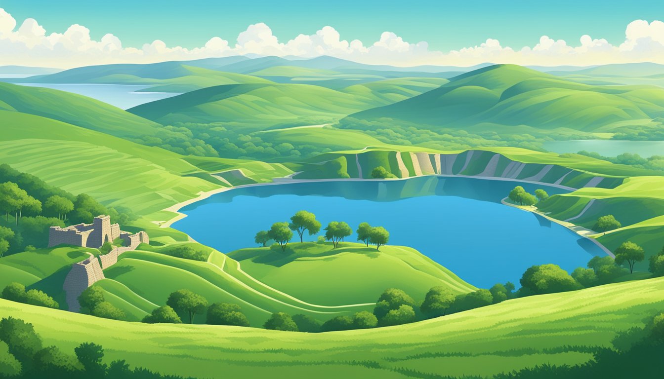 Rolling green hills, dotted with ancient ruins and shimmering lakes, stretch into the distance under a clear blue sky