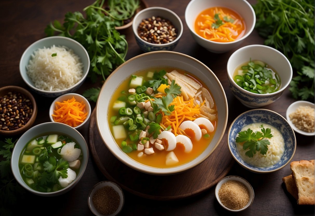 A table set with various bowls of colorful Chinese summer soups, surrounded by fresh herbs and ingredients