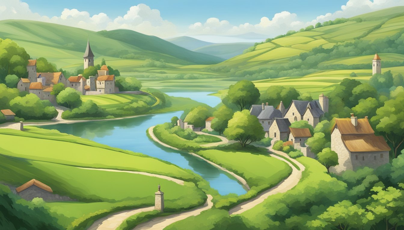 Lush green fields surround a tranquil lake, with a quaint village nestled in the distance. A winding river cuts through the landscape, bordered by ancient stone walls and charming cottages