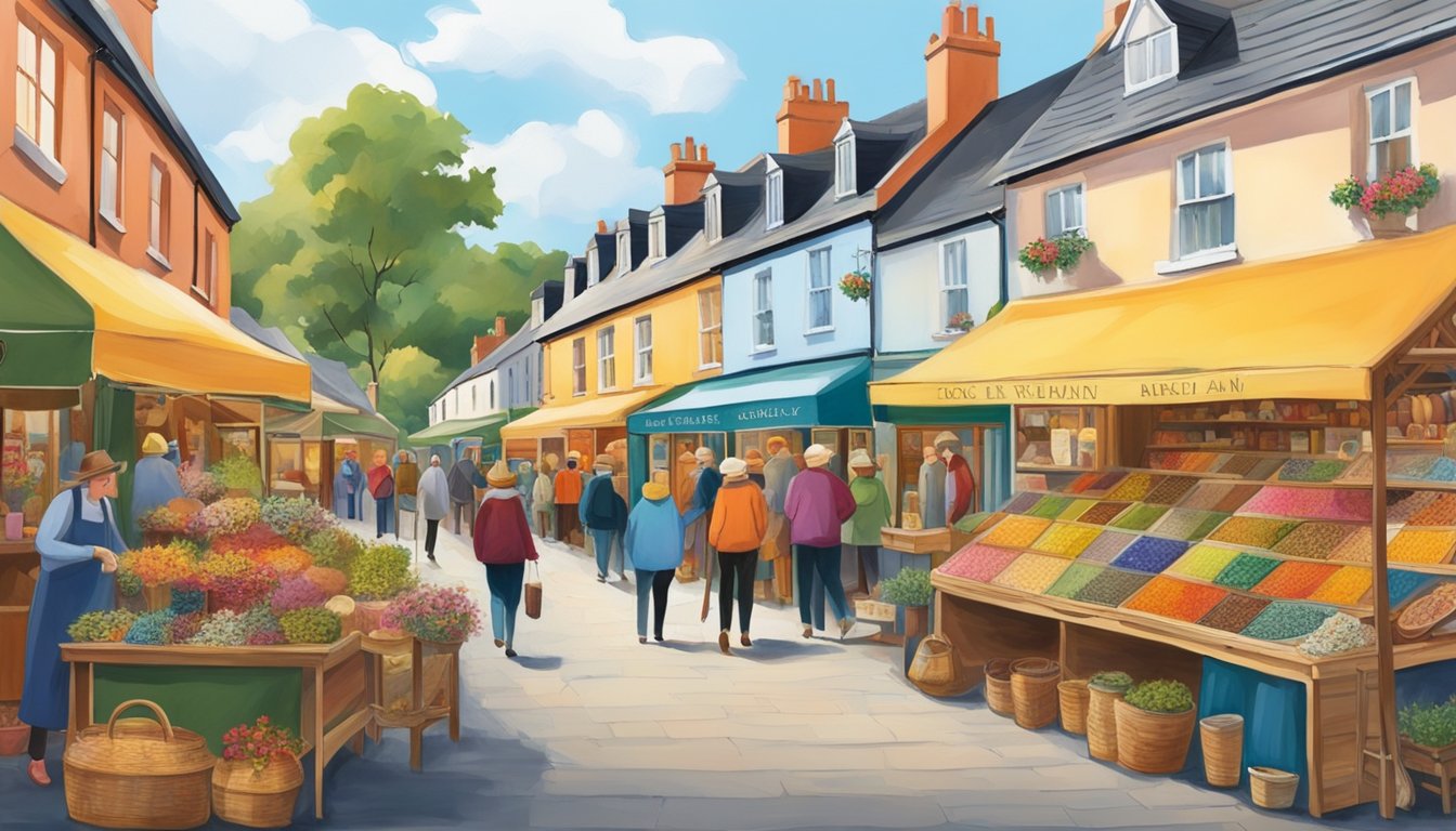 Vibrant market stalls display intricate handmade crafts in the picturesque setting of County Longford, Ireland. The scene is alive with color and activity, showcasing the hidden treasures of local artisans