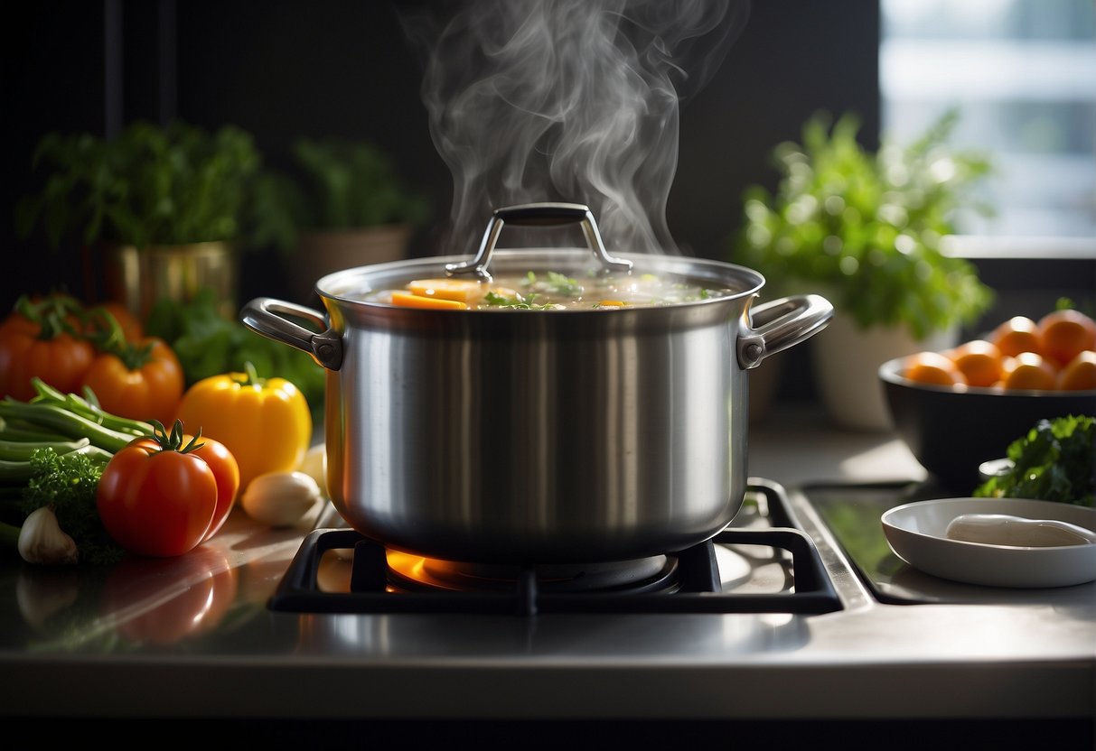 A pot simmers on a stove, filled with clear broth, vegetables, and herbs. Steam rises as a spoon stirs the mixture, creating a fragrant aroma