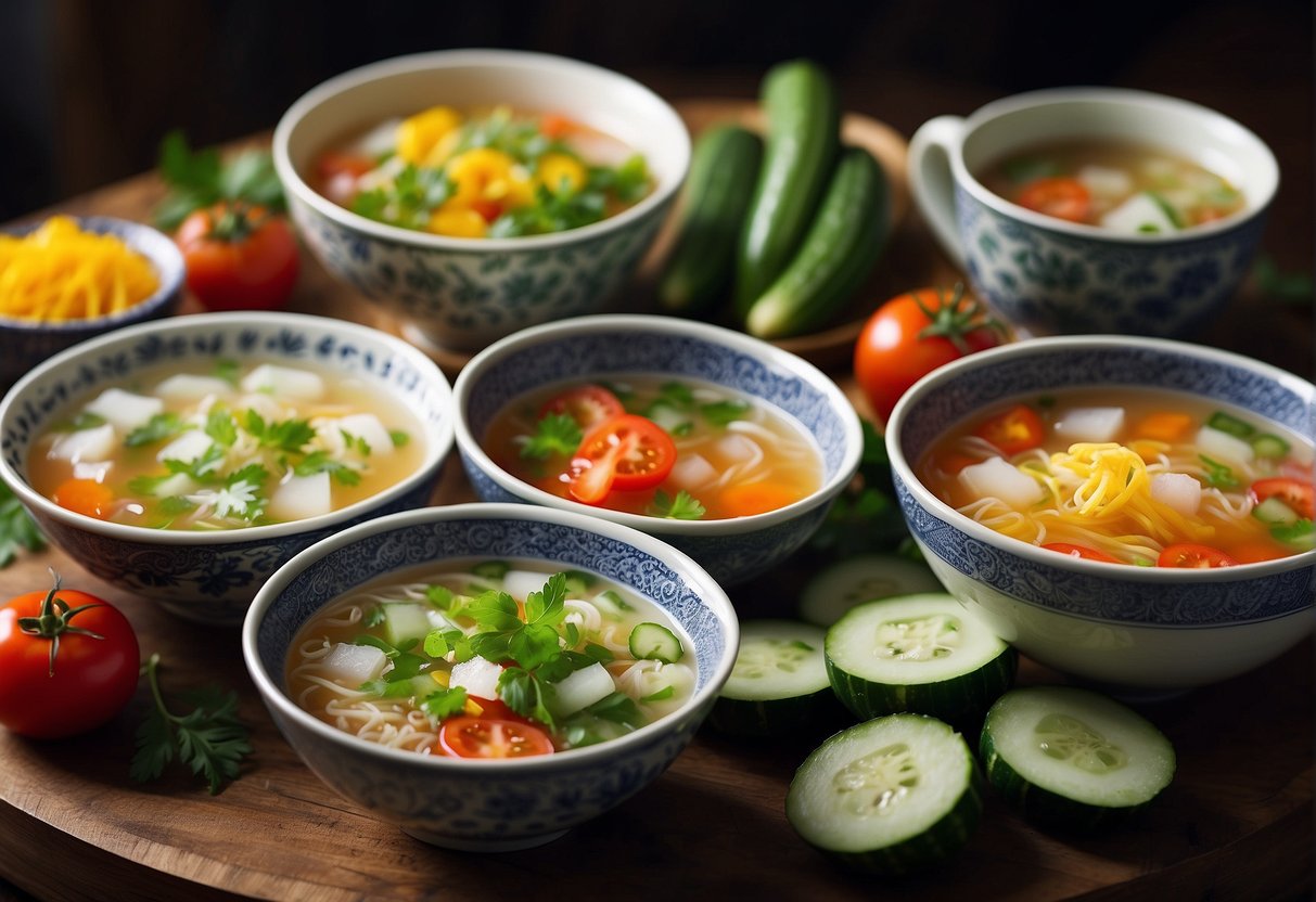 A table set with colorful bowls of Chinese summer soups, surrounded by fresh ingredients like cucumbers, tomatoes, and herbs. A pitcher of iced tea sits nearby, condensation glistening on the glass