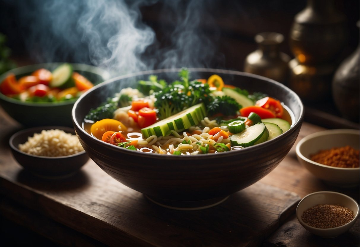 A steaming bowl of Chinese soup with vibrant summer vegetables and aromatic seasonings, showcasing the diverse flavor profiles of the ingredients