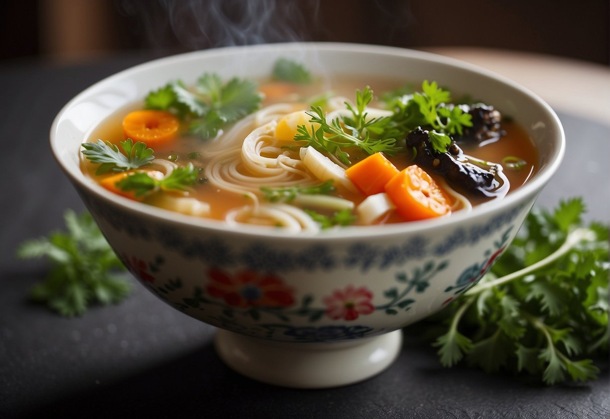 A steaming bowl of Chinese soup surrounded by fresh vegetables and herbs, exuding a sense of warmth and nourishment