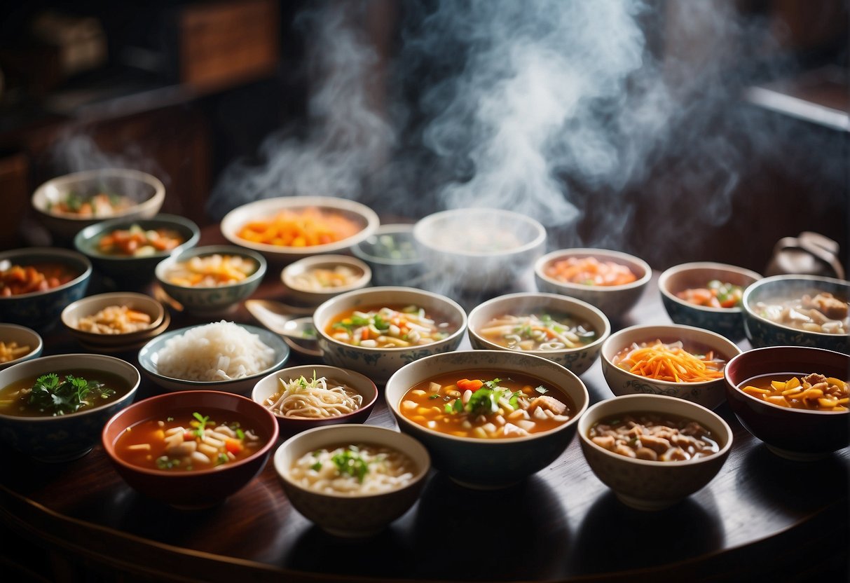 A table filled with colorful bowls of steaming Chinese soups, showcasing a variety of regional recipes perfect for summer