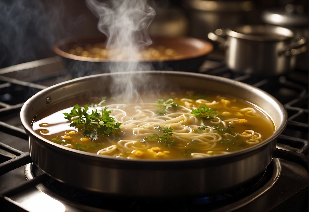 A steaming pot of Chinese soup broth simmers on a stovetop, with aromatic herbs and spices floating in the liquid. The rich, golden color of the broth indicates its depth of flavor and nourishment
