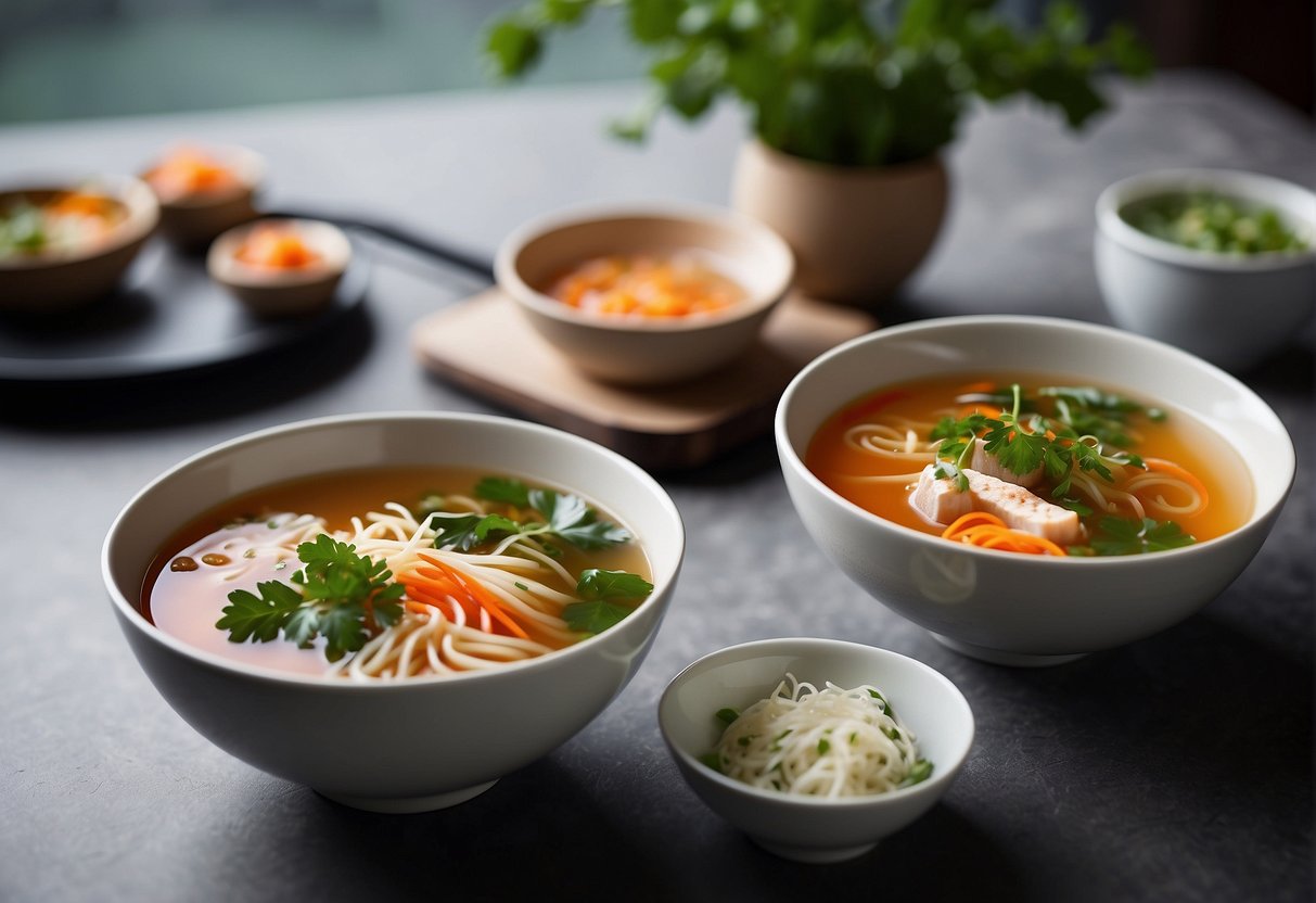 A table set with vibrant bowls of Chinese soup, garnished with fresh herbs and served with elegant chopsticks