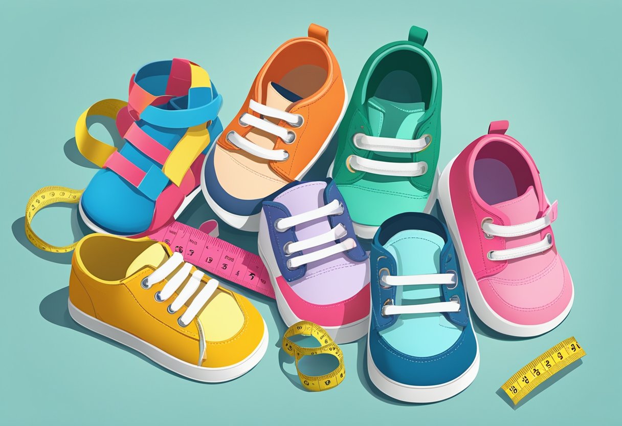 A pile of colorful toddler shoes of varying sizes, surrounded by measuring tape and a chart showing average shoe sizes for 2-year-olds