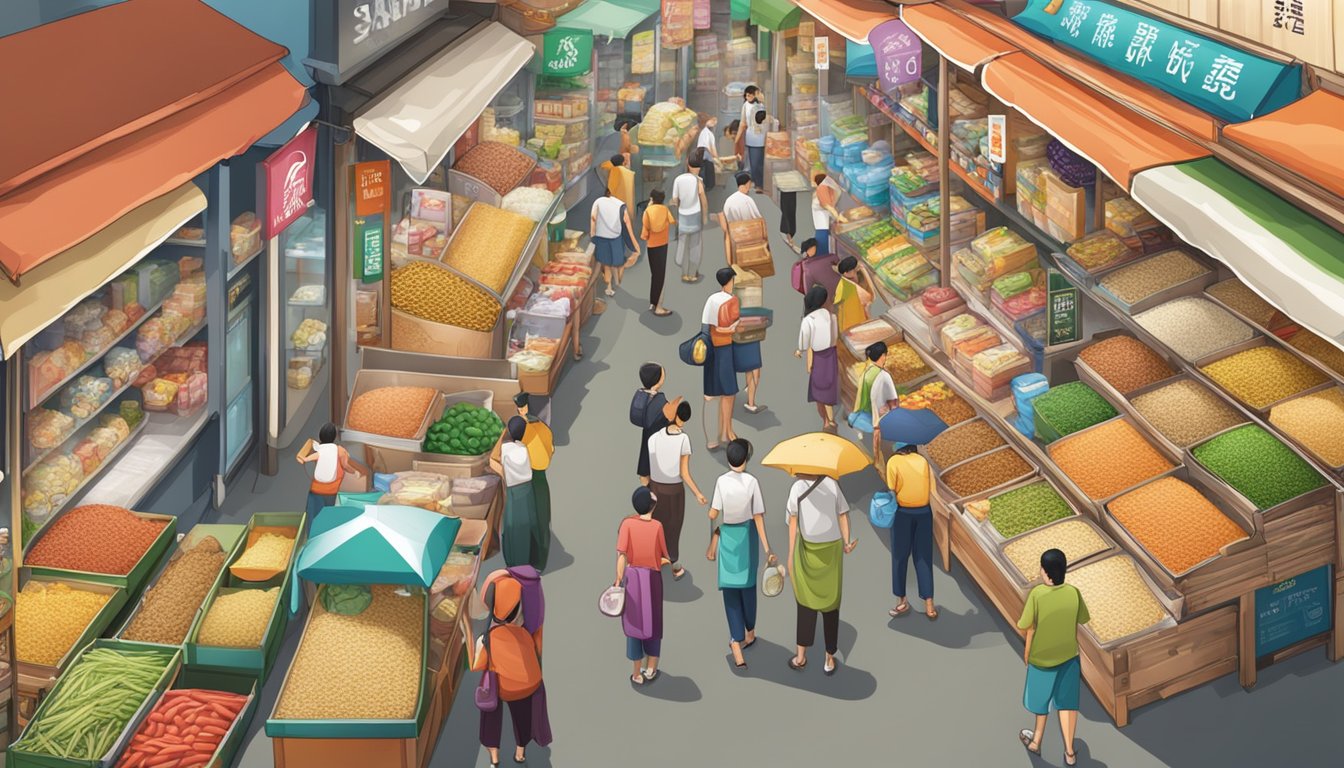 A bustling Singapore marketplace showcases a variety of rice brands displayed in colorful packaging