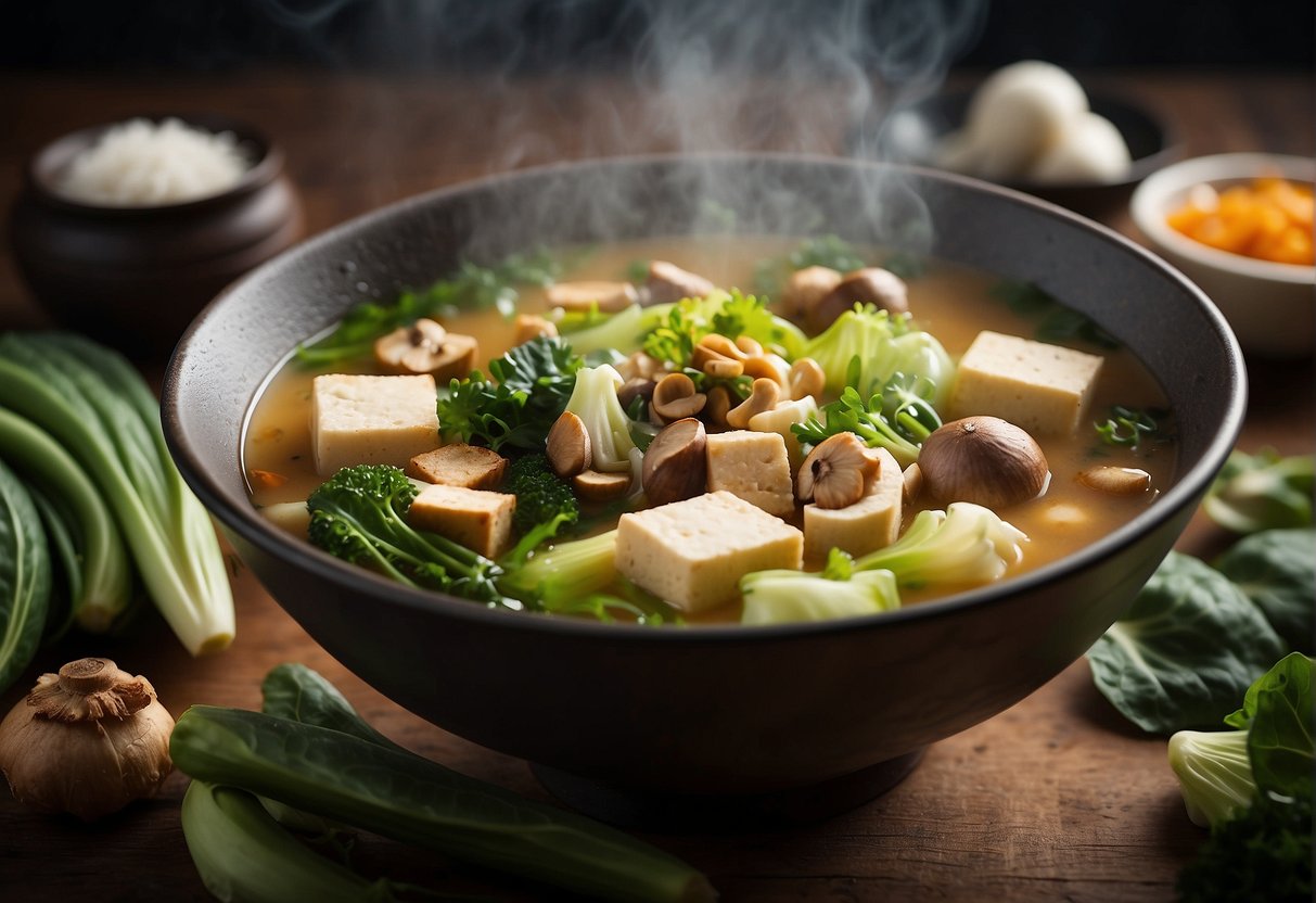 A steaming bowl of Chinese soup surrounded by fresh ingredients like bok choy, mushrooms, and tofu
